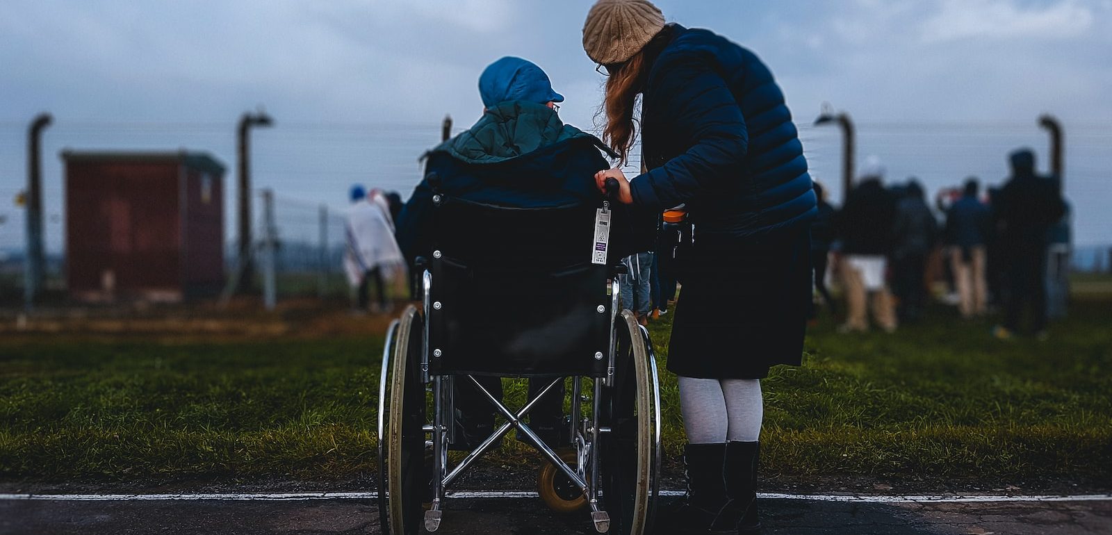 woman standing near person in wheelchair near green grass field